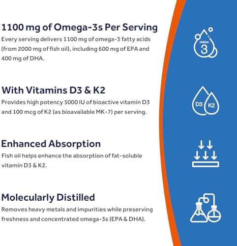 Aceite de Pescado Omega-3 con Vitamina D3 y K2 de Doctor's Recipes, 1100 mg Omega-3, 5000 IU D3 y 100 mcg K2, 60 Softgels para Corazón, Cerebro y - imagen 4