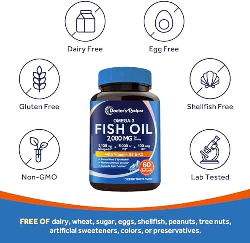 Aceite de Pescado Omega-3 con Vitamina D3 y K2 de Doctor's Recipes, 1100 mg Omega-3, 5000 IU D3 y 100 mcg K2, 60 Softgels para Corazón, Cerebro y - imagen 5