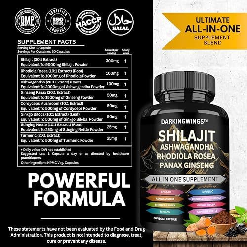 Suplemento 8 en 1 Shilajit 9000 con Ginseng Panax 1500MG, Ashwagandha 2000MG, Rhodiola Rosea 1000MG, Cúrcuma 500MG, Ginkgo Biloba 500MG, Ortiga 250MG - imagen 2