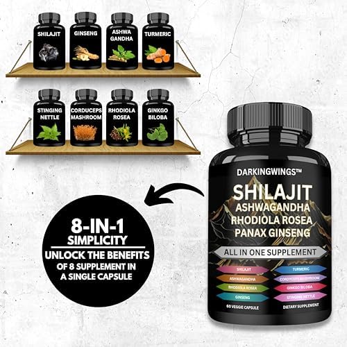 Suplemento 8 en 1 Shilajit 9000 con Ginseng Panax 1500MG, Ashwagandha 2000MG, Rhodiola Rosea 1000MG, Cúrcuma 500MG, Ginkgo Biloba 500MG, Ortiga 250MG - imagen 4