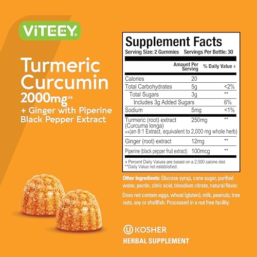 Gomitas de Cúrcuma Viteey con Cúrcuma, Jengibre y Extracto de Pimienta Negra - Apoyo Inmunológico, Piel Saludable y Salud Articular - Veganas, Sin - imagen 4