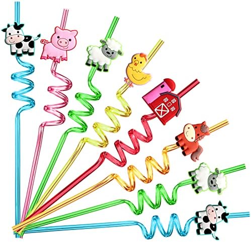 24 Popotes de Plástico Reutilizables de Animales de Granja: Gallina, Oveja, Caballo, Vaca, Cerdo para Fiesta de Cumpleaños y Regalos con 2 Cepillos - imagen 1