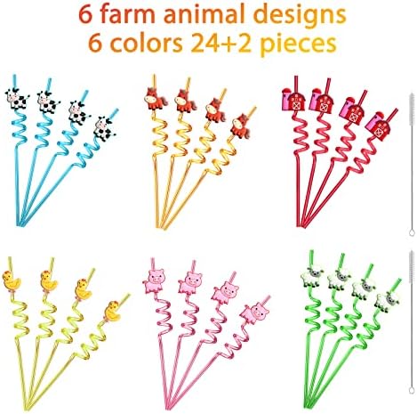 24 Popotes de Plástico Reutilizables de Animales de Granja: Gallina, Oveja, Caballo, Vaca, Cerdo para Fiesta de Cumpleaños y Regalos con 2 Cepillos - imagen 6