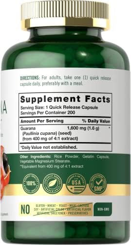 Cápsulas de Extracto de Guaraná Carlyle | 200 Contenido | Suplemento de Cafeína Natural | Sin OGM, Sin Gluten - imagen 2
