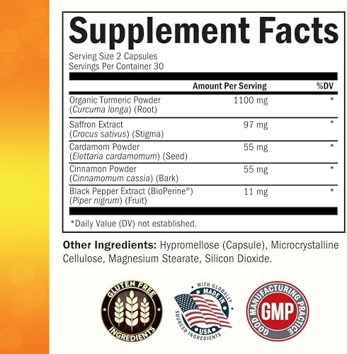 Suplemento de Cúrcuma con Azafrán, Canela y Cardamomo más Extracto de Pimienta Negra BioPerine para Mejor Absorción, 60 Cápsulas - imagen 3