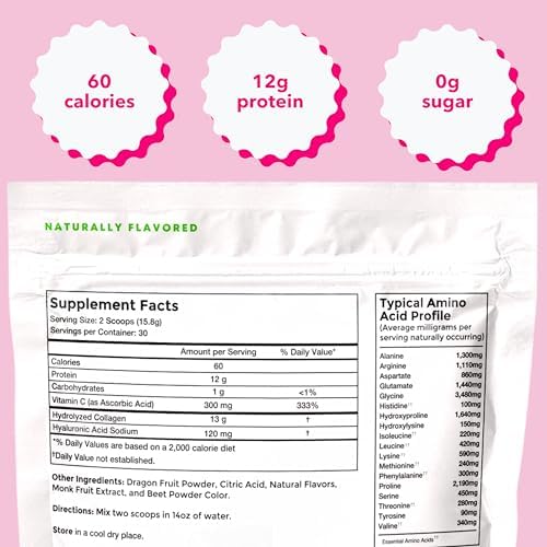 Pinky Colágeno Hidrolizado con Ácido Hialurónico y Vitamina C - Sabor Fruta del Dragón (1lb/474g), Apoya la Salud de Piel, Cabello y Digestión, 13g - imagen 3
