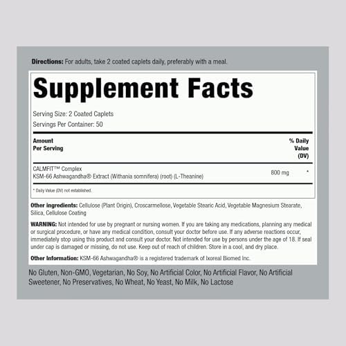 Suplemento de Extracto de Ashwagandha KSM-66 Piping Rock | 800mg Complejo | 100 Tabletas | Fórmula Avanzada con L-Theanina | Vegano, No Transgénico, - imagen 2