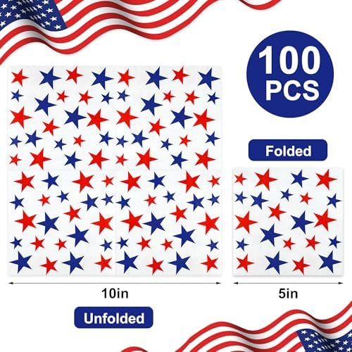100 Pzs Servilletas de Cóctel Patrióticas Rojo y Azul con Estrellas, Desechables de 3 Capas para Fiestas del 4 de Julio y Memorial, 5 x 5 Pulgadas - imagen 2