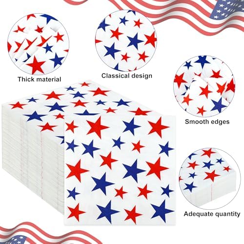 100 Pzs Servilletas de Cóctel Patrióticas Rojo y Azul con Estrellas, Desechables de 3 Capas para Fiestas del 4 de Julio y Memorial, 5 x 5 Pulgadas - imagen 3