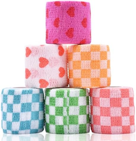 6 Rollos de 2 Pulgadas x 5 Yards de Vendaje Cohesivo con Diseño de Cuadros y Corazones para Perros y Gatos, Bandas Autoadhesivas para Cuidado de - imagen 1