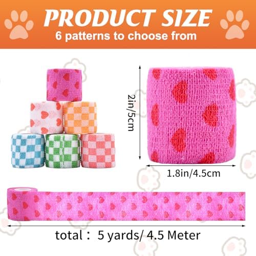6 Rollos de 2 Pulgadas x 5 Yards de Vendaje Cohesivo con Diseño de Cuadros y Corazones para Perros y Gatos, Bandas Autoadhesivas para Cuidado de - imagen 2