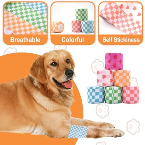 6 Rollos de 2 Pulgadas x 5 Yards de Vendaje Cohesivo con Diseño de Cuadros y Corazones para Perros y Gatos, Bandas Autoadhesivas para Cuidado de - imagen 3
