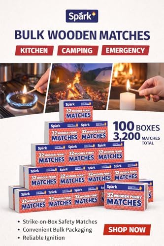 Fósforos de Madera Spark - Paquete de 100, 32 Cuentos para Cocina, Camping y Emergencias - Set a Granel Ideal para Encender Fuegos - imagen 2