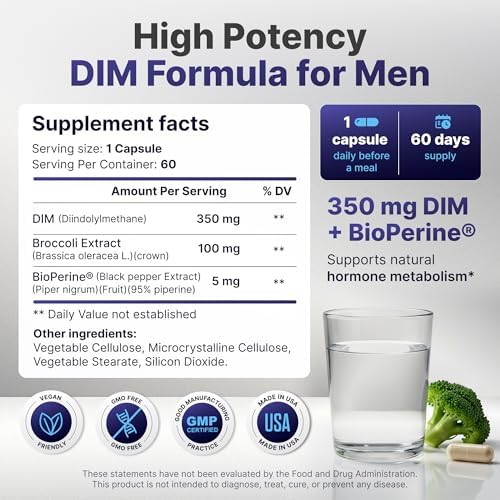 DIM para Hombres 350mg Alta Potencia con BioPerine® y Extracto de Brócoli – Complejo Total de 455mg para Balance de Estrógenos y Optimización - imagen 3