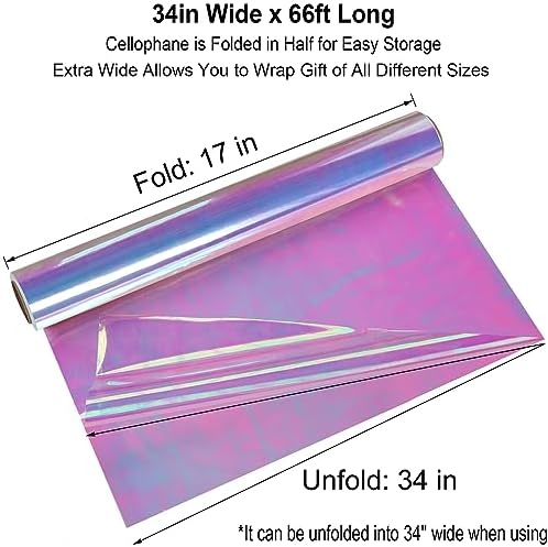 Rollo de Celofán Iridiscente Extra Ancho de 34 x 66 Pies - Papel Celofán Transparente para Regalos, Cestas, Manualidades, Fiestas y Navidad - imagen 2