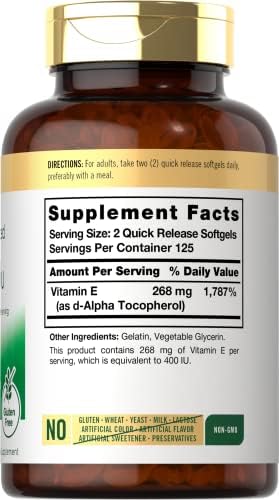 Cápsulas de Vitamina E 400 IU Carlyle | 250 Unidades | Suplemento Natural para Hombres y Mujeres | Sin OGM y Libre de Gluten - imagen 2