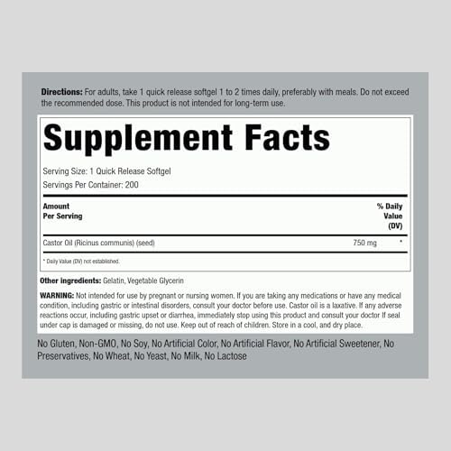 Cápsulas de Aceite de Ricino Piping Rock 750mg | 200 Unidades | Prensado en Frío | Suplemento No Transgénico y Sin Gluten - imagen 2
