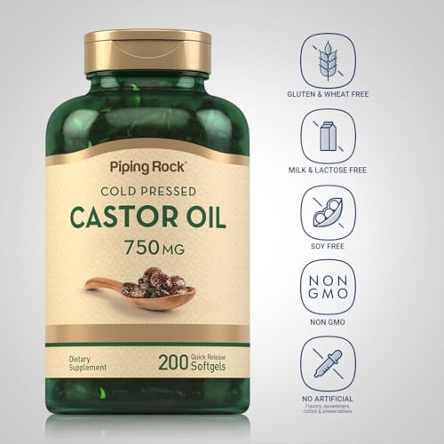 Cápsulas de Aceite de Ricino Piping Rock 750mg | 200 Unidades | Prensado en Frío | Suplemento No Transgénico y Sin Gluten - imagen 3