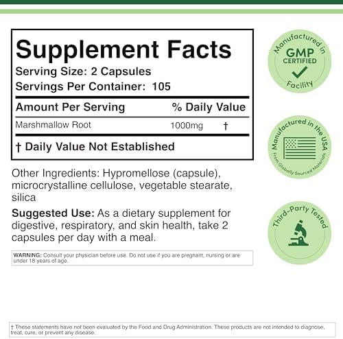 Cápsulas de Raíz de Malvavisco (210 Contenido, 1,000mg por Porción) Altas en Mucílago para Apoyar Respiración, Piel y Reparación Intestinal (Veganas, - imagen 2