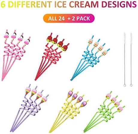 24 Popotes Reutilizables para Helado | Suministros para Fiesta de Cumpleaños con 2 Cepillos de Limpieza - imagen 7