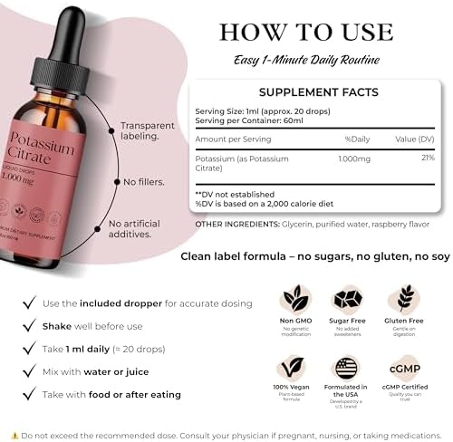 DLS Citrato de Potasio Líquido y Suplemento de Potasio Alto 1000 mg – Apoyo a Electrolitos y Riñones – Balance de Ácido Úrico, Función Muscular y - imagen 3