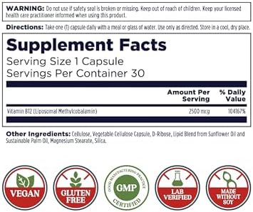 KAL Vitamina B12 Liposomal 2500 mcg, Alta Absorción, Tecnología Liposomal, Energía Celular, Cápsulas Veganas, Sin Gluten, 30 Porciones - imagen 3