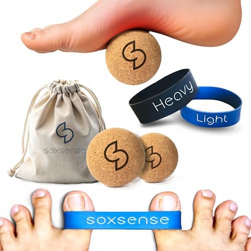 Set de Pelotas de Masaje de Corcho Soxsense y Bandas para Estiramiento de Dedos (4 PZS) – Alivio de Fascitis Plantar y Terapia para el Dolor de Pies - imagen 1