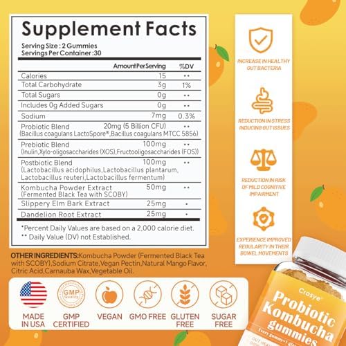 Gomitas Probióticas Crasye Kombucha Sin Azúcar con Prebióticos y Postbióticos para Salud Digestiva y Inmunidad - 60 Gomitas - 30 Porciones - imagen 2