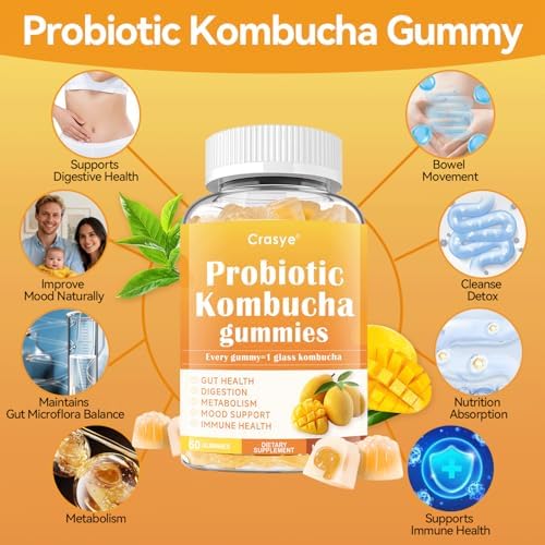 Gomitas Probióticas Crasye Kombucha Sin Azúcar con Prebióticos y Postbióticos para Salud Digestiva y Inmunidad - 60 Gomitas - 30 Porciones - imagen 4