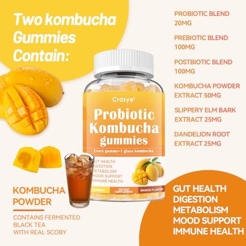 Gomitas Probióticas Crasye Kombucha Sin Azúcar con Prebióticos y Postbióticos para Salud Digestiva y Inmunidad - 60 Gomitas - 30 Porciones - imagen 6