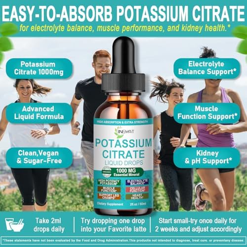 Gotas Líquidas de Suplemento de Potasio, Citrato de Potasio 1000mg para Equilibrio de Electrolitos y Soporte de pH, 30 Porciones, No GMO - imagen 2