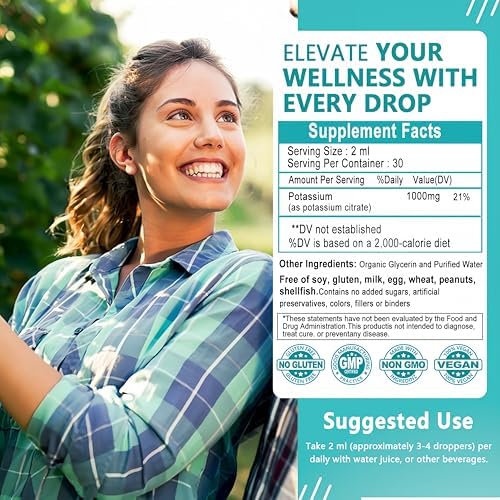 Gotas Líquidas de Suplemento de Potasio, Citrato de Potasio 1000mg para Equilibrio de Electrolitos y Soporte de pH, 30 Porciones, No GMO - imagen 6