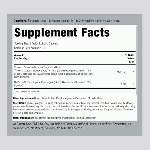 Piping Rock Cúrcuma Curcumina con Pimienta Negra | 90 Cápsulas | Suplemento Herbal con Extracto de Bioperine | Sin OGM, Libre de Gluten - imagen 2