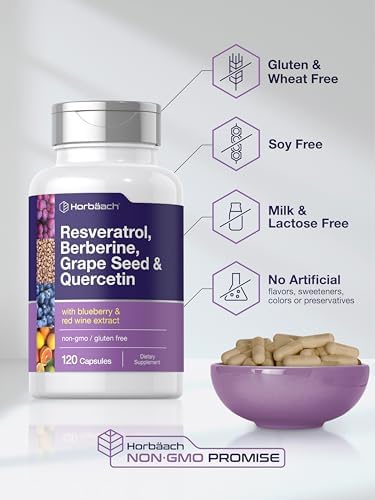 Suplemento Vegetariano Horbäach Resveratrol con Berberina, Semilla de Uva y Quercetina | Extracto de Arándano y Vino Tinto | 120 Cápsulas Sin OGM y - imagen 5