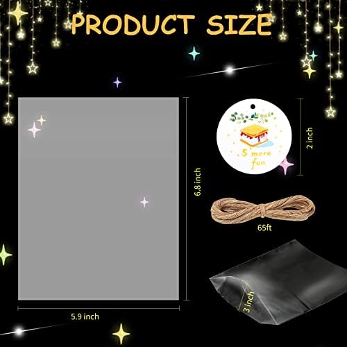 Set de 100 bolsas S'more WANGDEFA con fondo expandido, celofán transparente, etiquetas divertidas y cuerda para productos horneados - imagen 2
