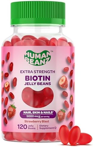 Vitaminas Gummy Human Beanz Biotin Jelly Bean, 5000mcg por porción, para cabello, piel y uñas, 120 frijoles de fresa, kosher - imagen 1