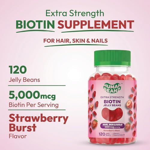 Vitaminas Gummy Human Beanz Biotin Jelly Bean, 5000mcg por porción, para cabello, piel y uñas, 120 frijoles de fresa, kosher - imagen 2