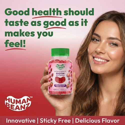 Vitaminas Gummy Human Beanz Biotin Jelly Bean, 5000mcg por porción, para cabello, piel y uñas, 120 frijoles de fresa, kosher - imagen 6