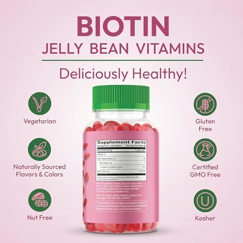 Vitaminas Gummy Human Beanz Biotin Jelly Bean, 5000mcg por porción, para cabello, piel y uñas, 120 frijoles de fresa, kosher - imagen 7