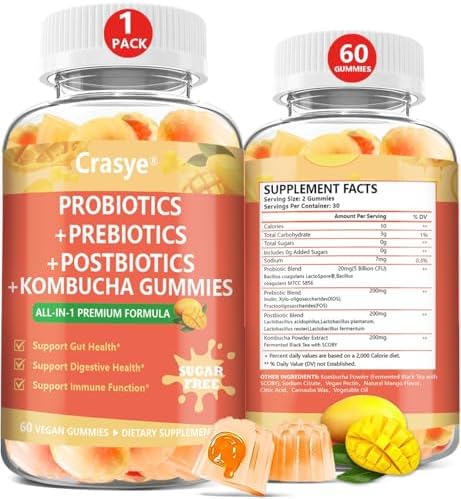 Gomitas de Kombucha Probioticas Crasye Sin Azúcar para Mujeres y Hombres - Apoyo Digestivo, Inmunológico y para la Salud Intestinal - 60 Gomitas - 30 - imagen 1