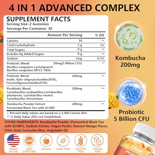 Gomitas de Kombucha Probioticas Crasye Sin Azúcar para Mujeres y Hombres - Apoyo Digestivo, Inmunológico y para la Salud Intestinal - 60 Gomitas - 30 - imagen 2