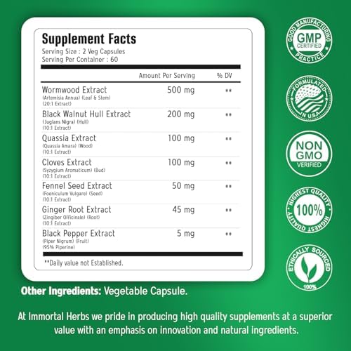 Extracto de Limpieza 7 en 1 de Inmortal Herbs con Ajenjo, Nogal Negro y Clavo, 120 Cápsulas Veganas, Sin OGM y Sin Gluten - imagen 2
