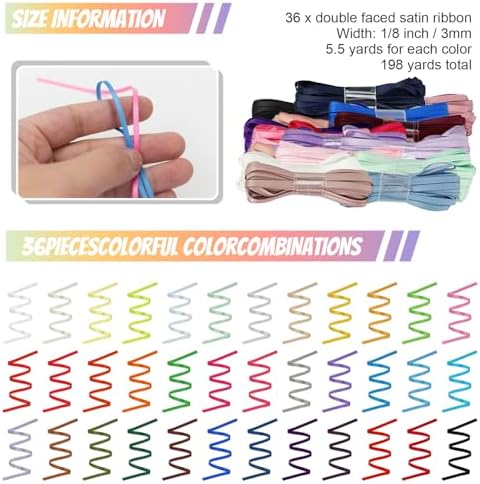 Cinta de Satén Fina de 1/8 Pulgadas en Colores Asortidos - Paquete de 36 Ribbons de Tela para Manualidades, 198 Yards, Doble Cara, Ideal para - imagen 3