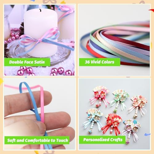 Cinta de Satén Fina de 1/8 Pulgadas en Colores Asortidos - Paquete de 36 Ribbons de Tela para Manualidades, 198 Yards, Doble Cara, Ideal para - imagen 4