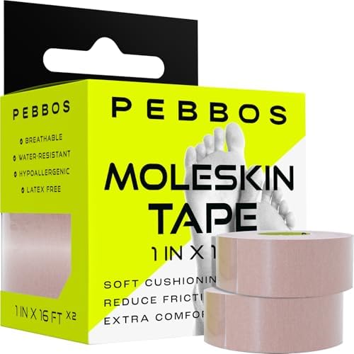 Cinta Moleskin Pebbos – 1 pulg x 16 pies – Cinta acolchada anti-fricción | Resistente al agua y hipoalergénica | Cinta atlética delgada para correr, - imagen 1