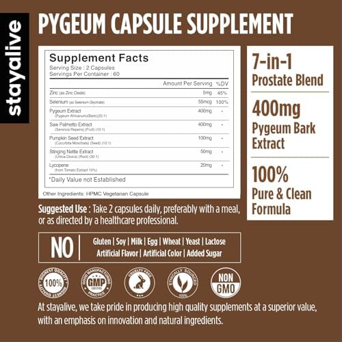 Suplemento STAY ALIVE Pygeum Africanum, Extracto 7 en 1 con Saw Palmetto, Semilla de Calabaza, Ortiga y Licopeno, 120 Cápsulas Veganas, Sin OGM y Sin - imagen 2