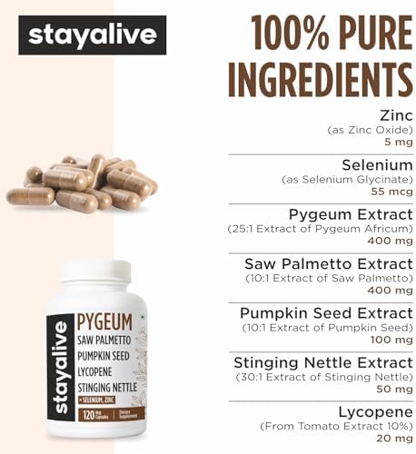 Suplemento STAY ALIVE Pygeum Africanum, Extracto 7 en 1 con Saw Palmetto, Semilla de Calabaza, Ortiga y Licopeno, 120 Cápsulas Veganas, Sin OGM y Sin - imagen 3
