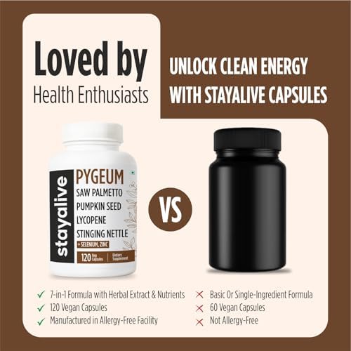 Suplemento STAY ALIVE Pygeum Africanum, Extracto 7 en 1 con Saw Palmetto, Semilla de Calabaza, Ortiga y Licopeno, 120 Cápsulas Veganas, Sin OGM y Sin - imagen 4