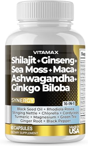 Suplemento Vitamax Pure Shilajit del Himalaya con Ashwagandha, Musgo Marino, Rhodiola Rosea y Ginkgo Biloba - Cápsulas de Ácido Fúlvico y Minerales - imagen 1