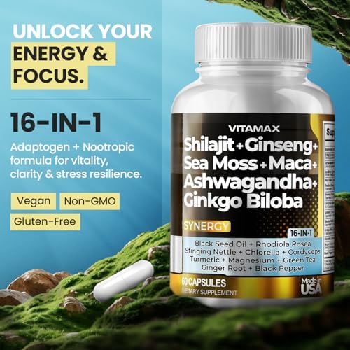 Suplemento Vitamax Pure Shilajit del Himalaya con Ashwagandha, Musgo Marino, Rhodiola Rosea y Ginkgo Biloba - Cápsulas de Ácido Fúlvico y Minerales - imagen 3